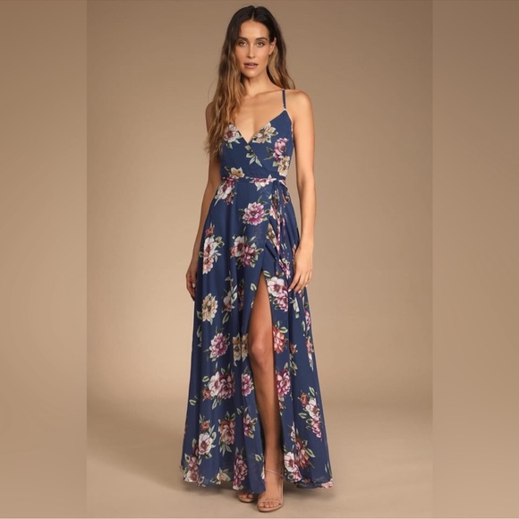 Lulus Blue Floral Maxi‎ Wrap Dress - Picture 1 of 11